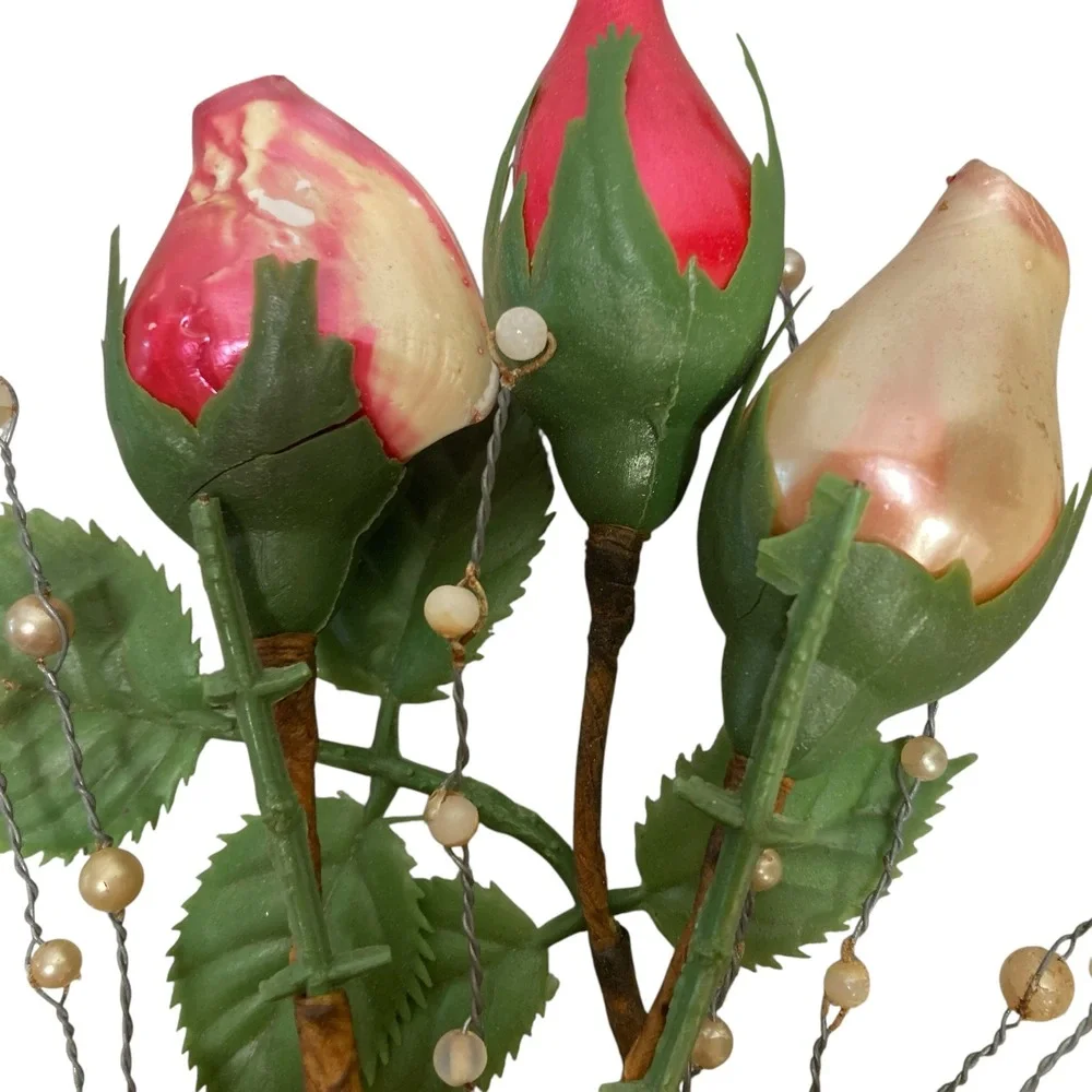 VTG Floral Arrangement Roses Pearl‎ Beads Decorative Bouquet Display Handcrafted
